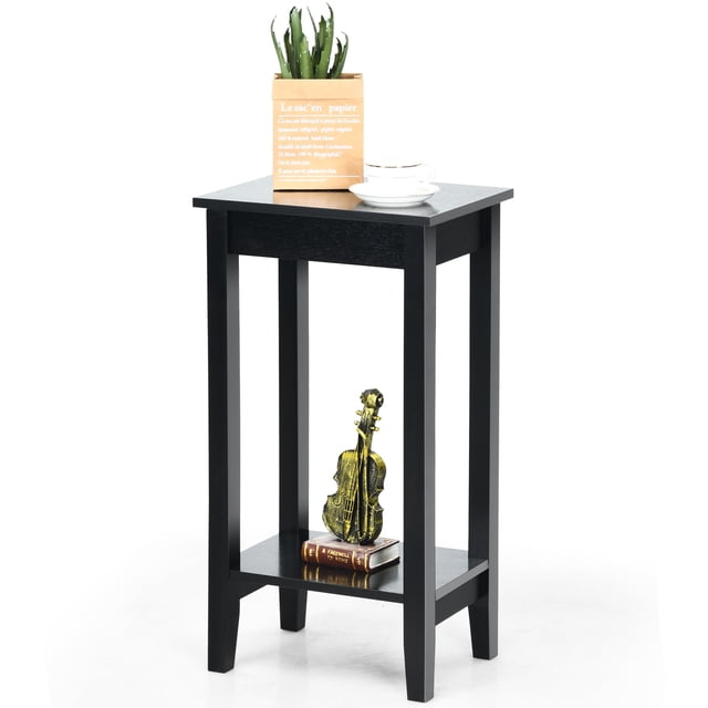 Costway Mesita auxiliar, mesilla con 2 niveles y 4 patas de sólida madera, mesa baja rectangular estrecha y compacta para salón y dormitorio, blanco/negro