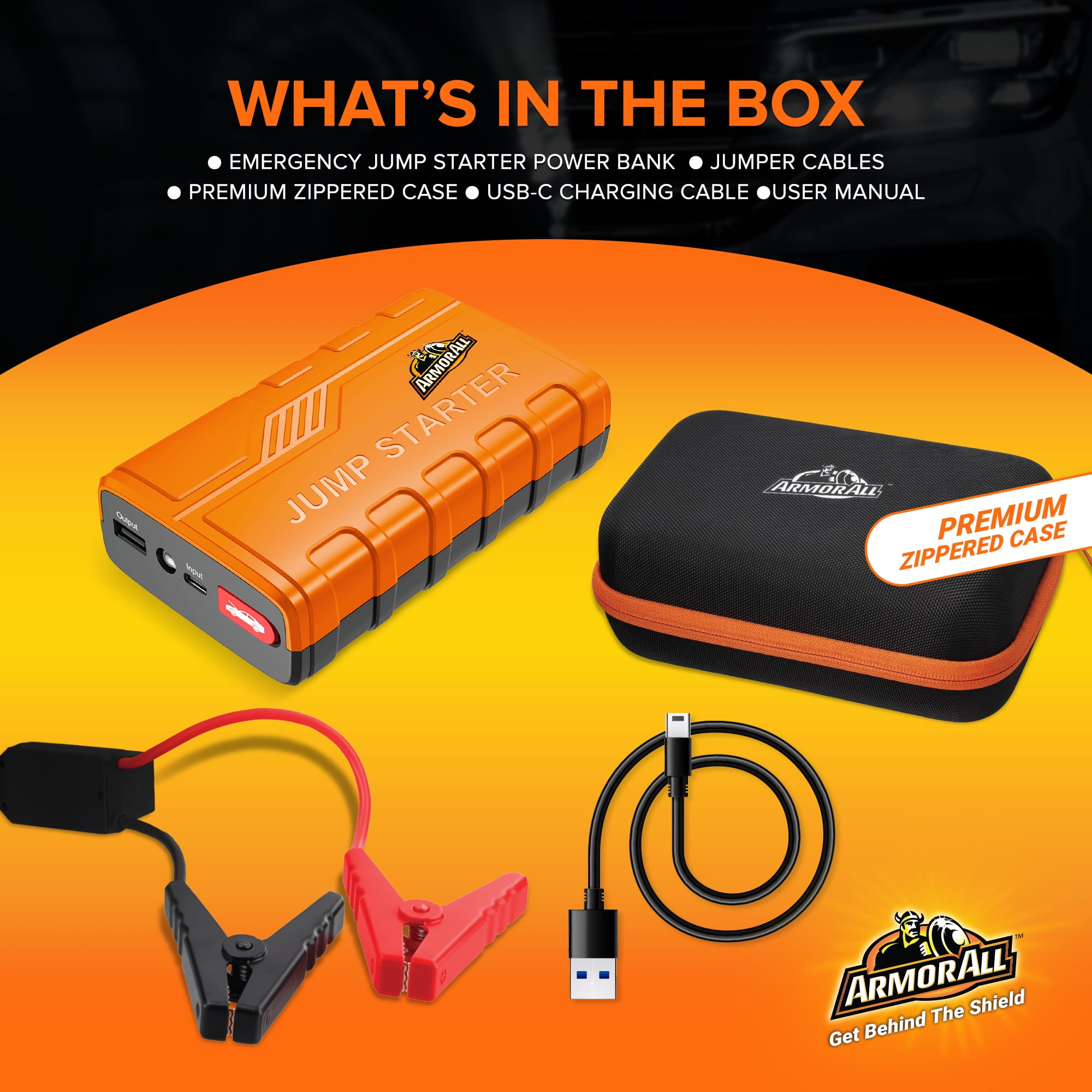 Armor All Emergency Jump Starter Power Bank Kit, 800A Peak Amps, Ultra-Bright LED Flashlight, USB Charger, Portable Car Battery Booster with Premium Carry Case