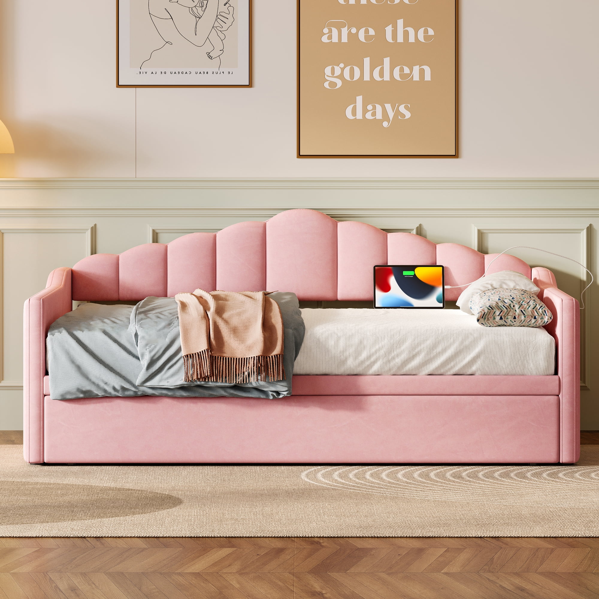 Euroco Upholstered Twin Size Daybed with Pop up Trundle Bed, Adjustable Sofa Bed with Pockets and USB & Type-C Charging Station, Pink