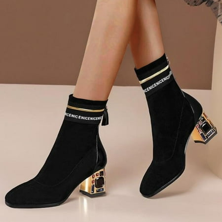 

FZM Women shoes Heel Fashion Pointed Fashion Thick Rhinestone Zipper Boots Women s Casual Boots Toe Short women s boots