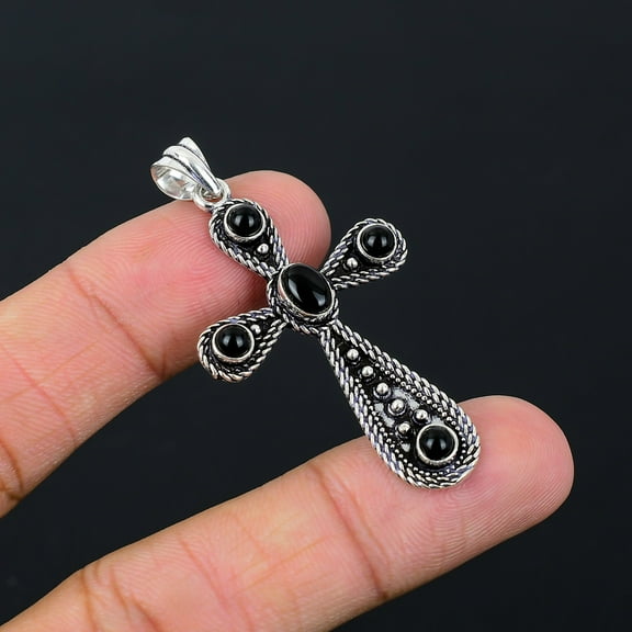 Natural Black Onyx Handmade 925 Sterling Silver Gift Cross Pendant 2.10"