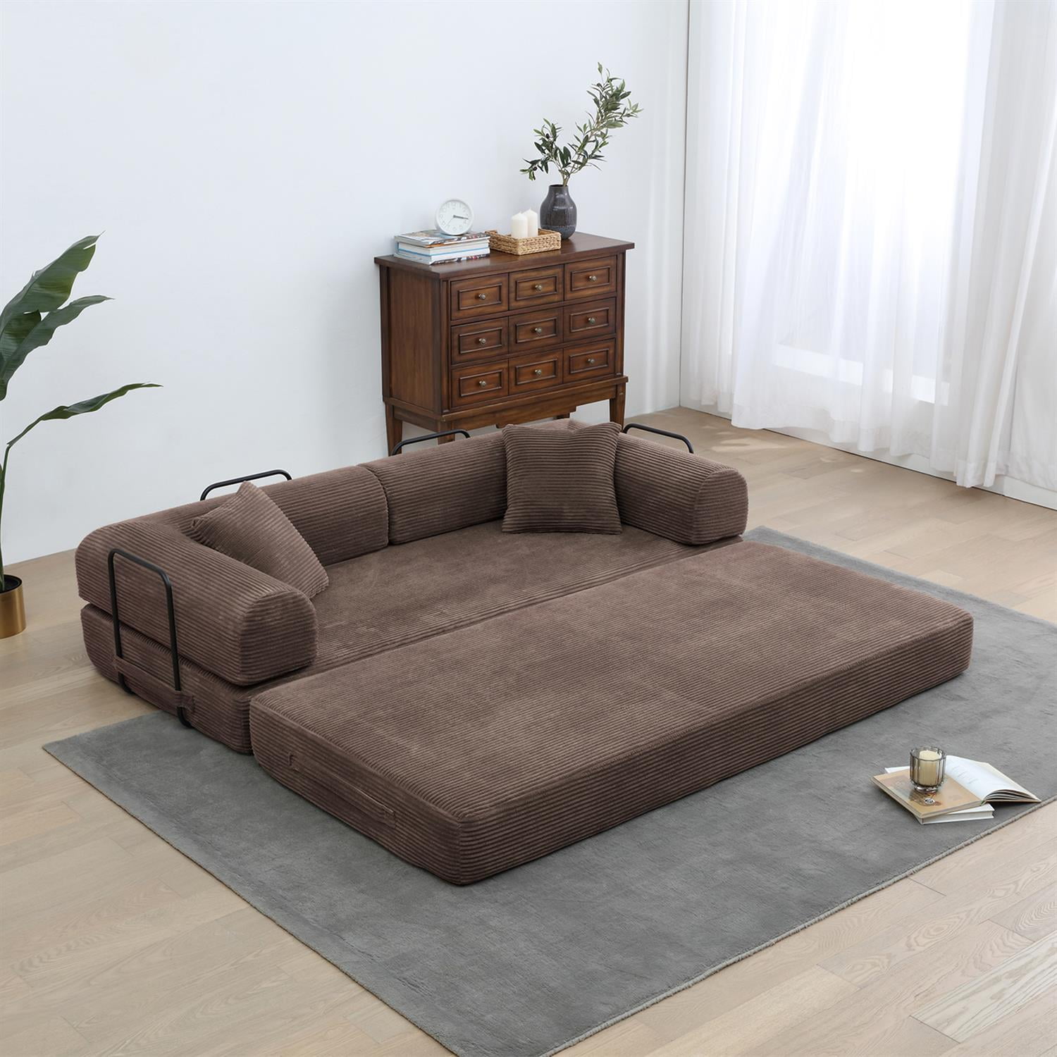 Demi Bonn 77" Convertible Sleeper Sofa Bed, Corduroy Foldable Mattress Couch with Cylindrical Pillow & Fixed Frame for Living Room, Bedroom, Brown