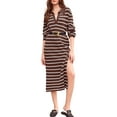 thumbnail image 3 of Womens Striped Sweater Dress Fall Chunky Knit V Neck Collared Long Sleeve Slit Loose Midi Dresses Brown S, 3 of 9