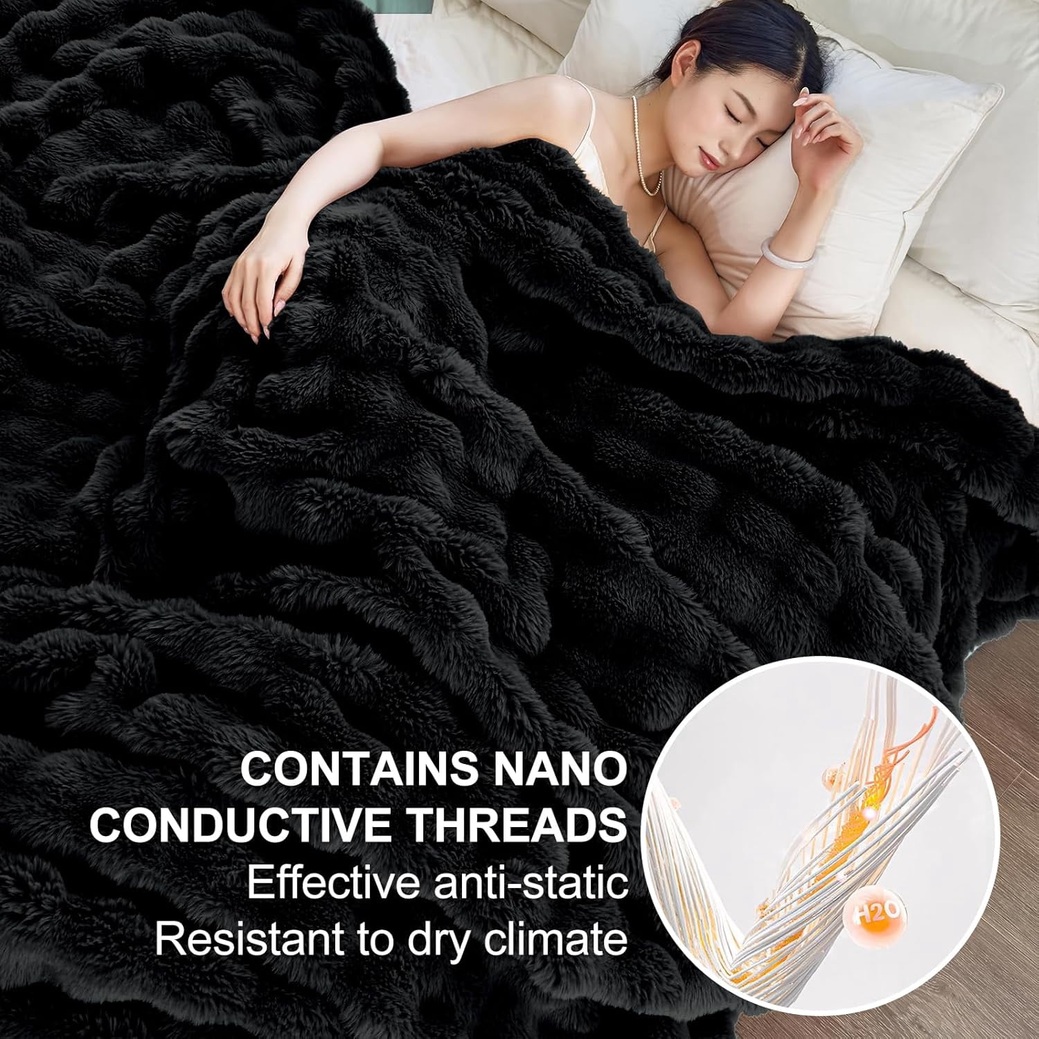 Parojati 90*90 Faux Fur Throw Blanket for Queen Size Bed - Extra Soft Fluffy Warm Bubble Design Blanket for Couch, Sofa and Versatile Use for Bedroom, Living Room, Farmhouse, Black