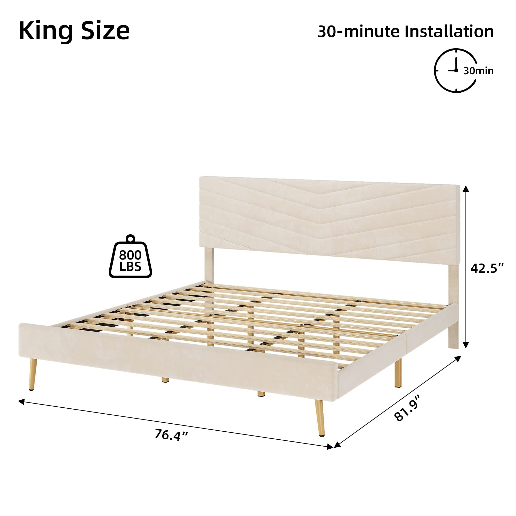 Upholstered Bed Frame King Size, Velvet Bed Frame King with Adjustable Headboard, Platform Bed Frame and Headboard, Noise-Free, No Box Spring Needed