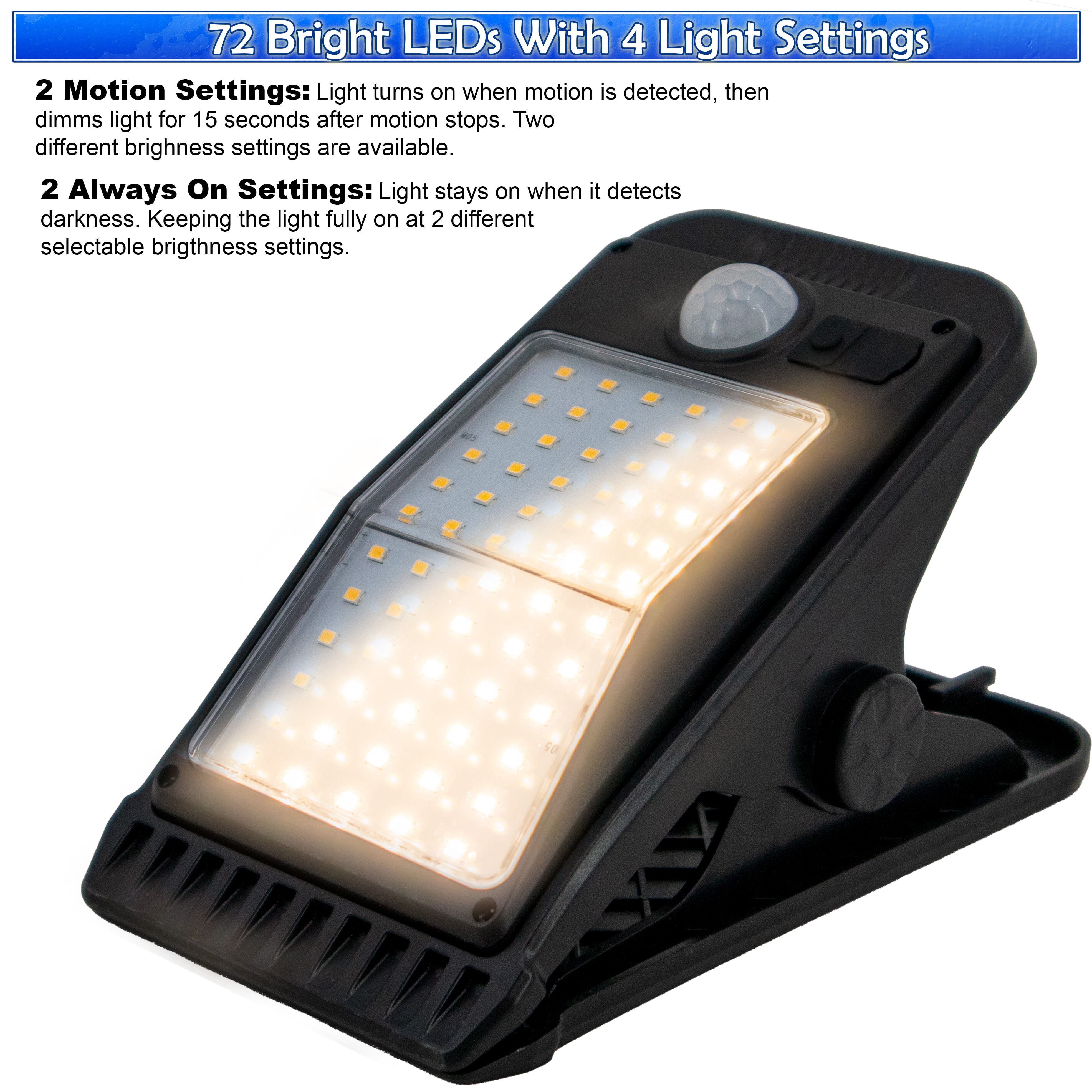 Solar Powered Clip On Outdoor 72 LED Lights Super Bright Motion Sensor Flood Light, 4 Modes, 3 Mounting Ways, 270-Degree Coverage, Weatherproof + USB Rechargeable