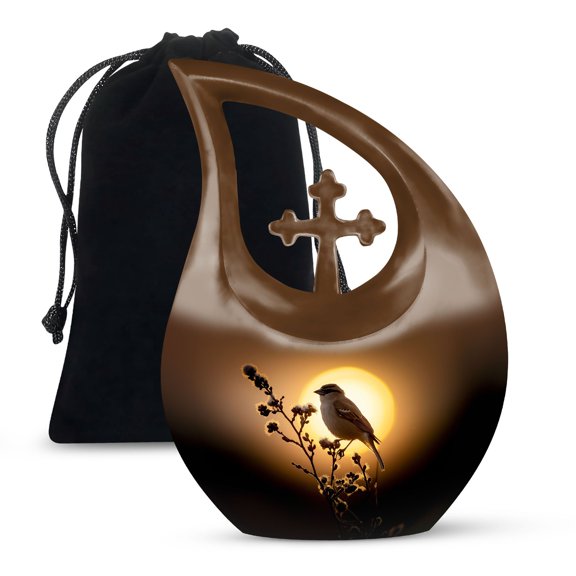 MUKTIVE Sparrow Cremation Urns for Human Ashes Adult Mom & Dad - Brown Cross Drop Urns for Adult Ashes - Large Memorial Sunset Urn for Men & Women (10 Inch)