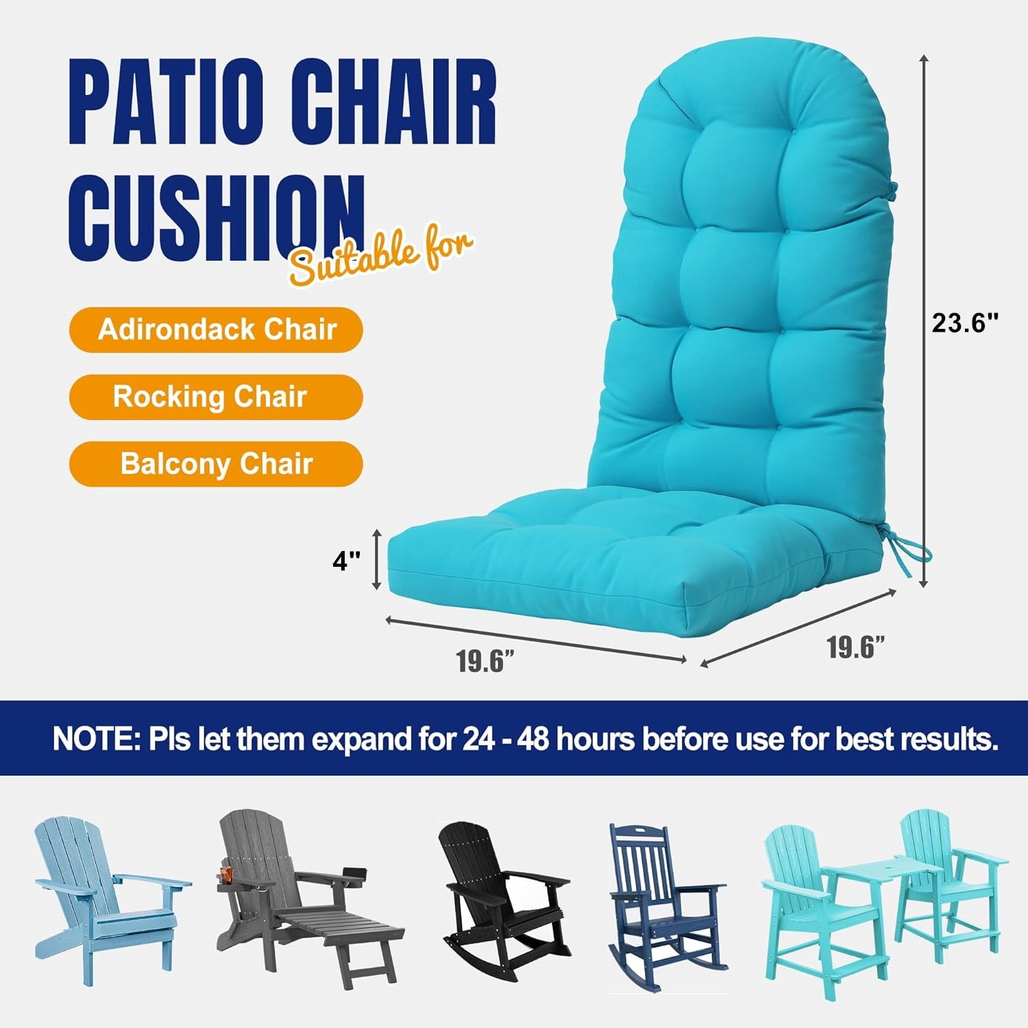 Outdoor Highback Seat Cushion 43.3"*19.7" Waterproof UV Resistant Inlife Rocking Chair Seat Pad for Dining Chairs, Office, Restaurant