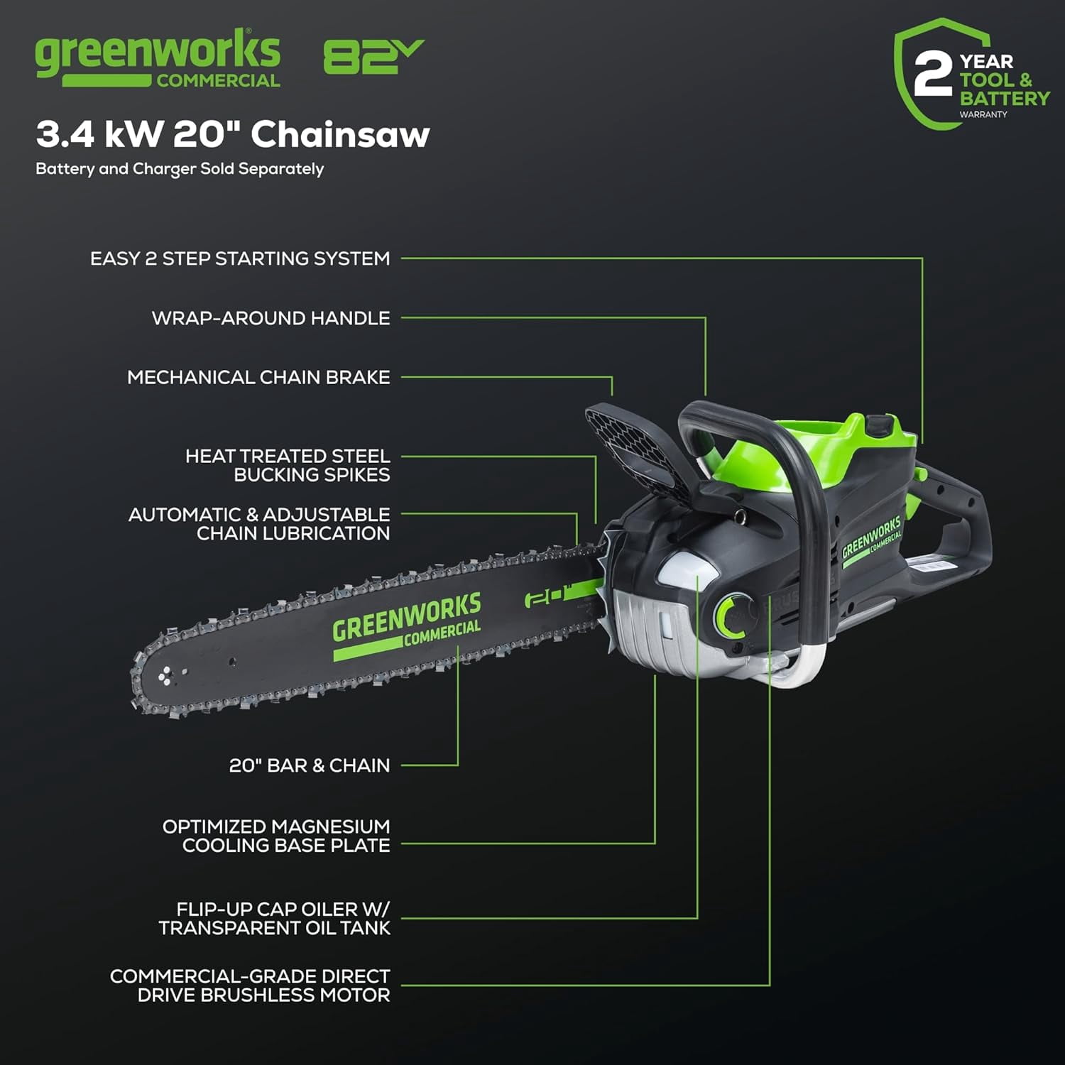 Greenworks Commercial 82V 20" 3.4kW Chainsaw with 4Ah Battery and Dual Port Charger (82CS34-4DP)