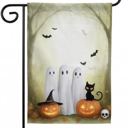 Halloween house flag halloween flags for outside large A black cat sitting on top of a pumpkin next to three ghosts. C porch flags halloween decor cute
