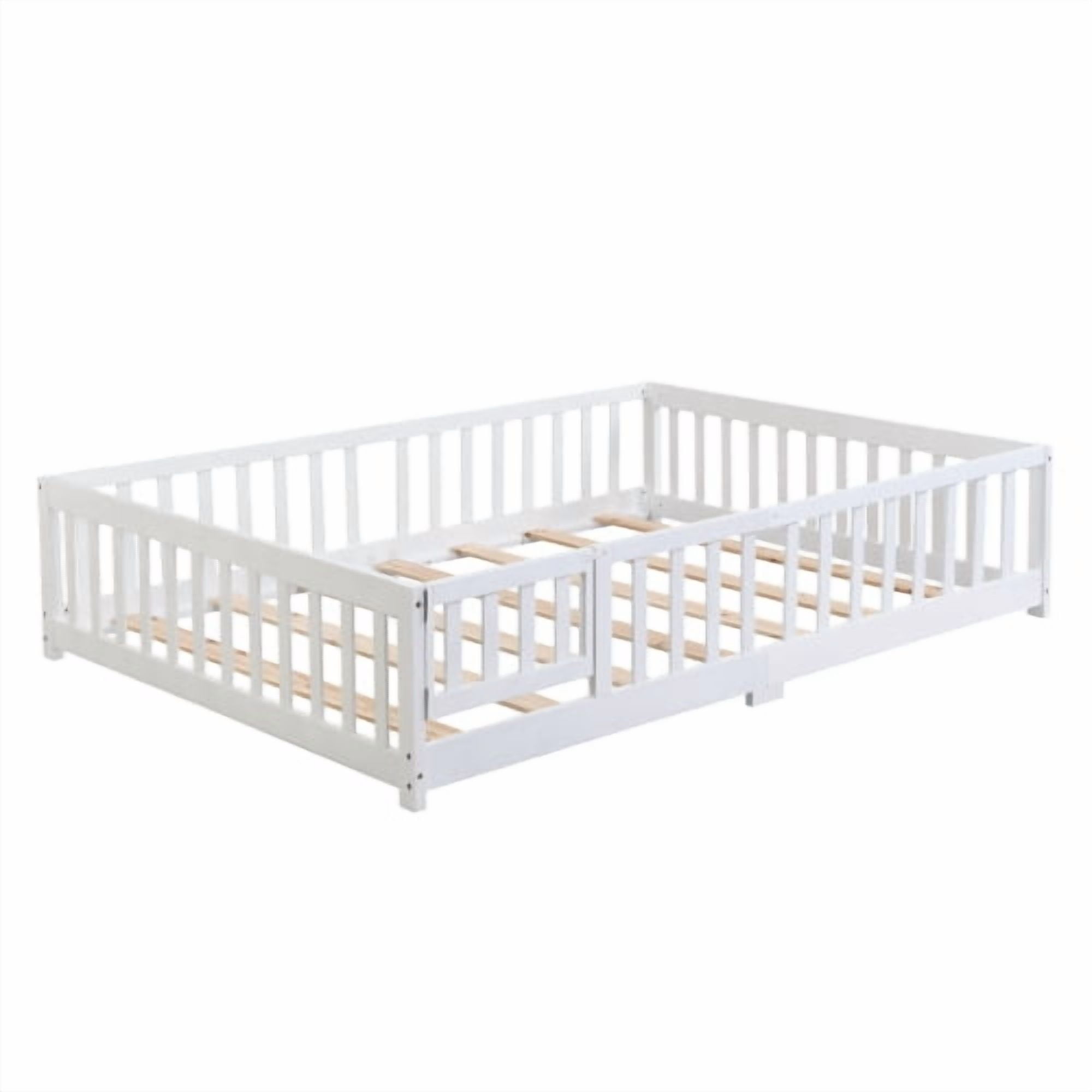 full Size Floor Bed with Door,Solid Wood Platform Bed Frame with Fence,Suitable for children,Pine Wood,White