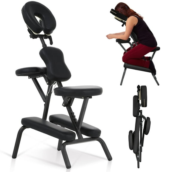 Portable Massage Chair Leather Tattoo Chair 4 Inches Thickness Salon Spa Chair Adjustable Therapy Chair w/Carrying Bag & Face Cradle, Black