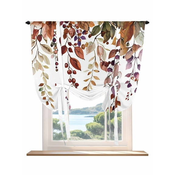 Fall Leaves Tie Up Curtains for Windows 45 Inch Length Balloon Curtains Kitchen Adjustable Balloon Window Shade Farmhouse Watercolor Leaf Fruit Berry Plant Tie Up Bathroom Curtain Window 42"x45"