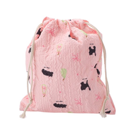Unique Bargains 1 Pc Small Black Cat Pear Drawstring Makeup Bag for Travel Pink Polyester
