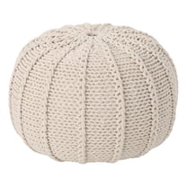 Benjara Round Knitted Pouf Ottoman- Handwoven Details- 20" Beige Cotton