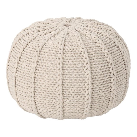 Benjara Round Knitted Pouf Ottoman- Handwoven Details- 20" Beige Cotton