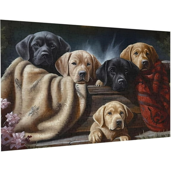Puzzles for Adults 200 Pieces Jigsaw Puzzles Black Labrador Dog Puzzle with Yellow Chocolate Lab Puppies Formation Wooden Wall Art Pictures for Living Room Props 13.9'' x 9.8''