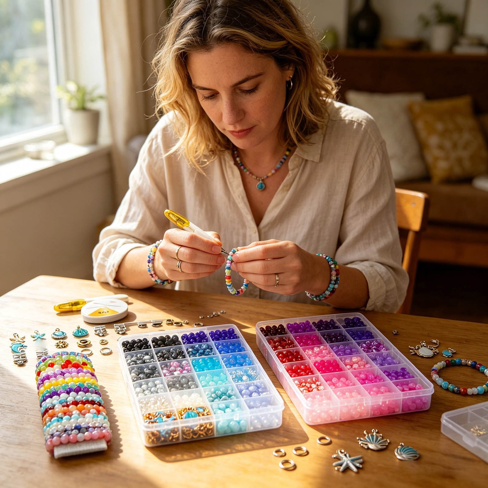 DIY Craft Kit Multicolor Glass Beads Set with Storage Box & Keychain Accessories Bracelets Making Kit for DIY Bracelet Necklace and Craft Projects