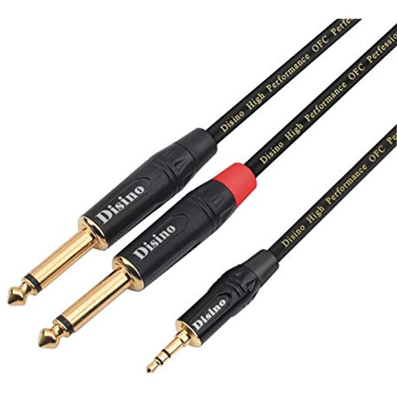 Disino Câble Stéréo 1/8 Pouce(3.5mm) TRS vers Double 1/4 Pouce(6.35mm) TS Mono Y-Splitter Mini Jack Câble Stéréo Breakout Chemin Cordons - 6.6 Pieds/2 Mètres