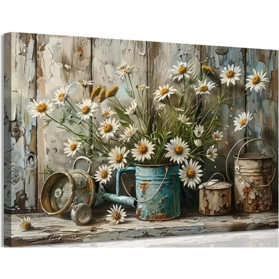 Rustic Farmhouse Daisy Canvas Wall art Vintage Country White Daisy Picture Wall Decor Neutral Still Life Flower Botanical Painting Artwork for Farmhouse Bedroom Bathroom Home Decoration 12x16in
