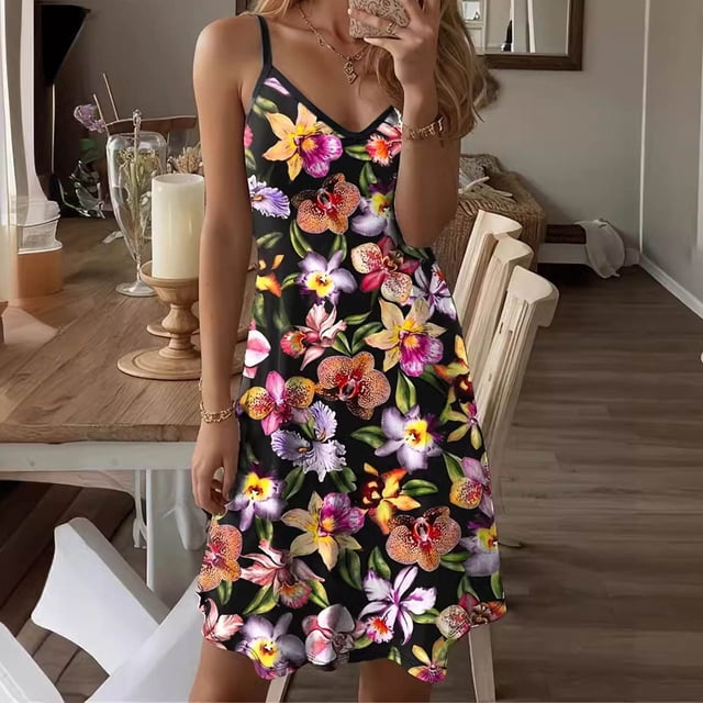 Robe d'Été pour Femmes, Robe d'Été pour Femmes, Robe d'Été Décontractée pour Dames à Imprimé, Ample, à Bretelles, à Col Rond