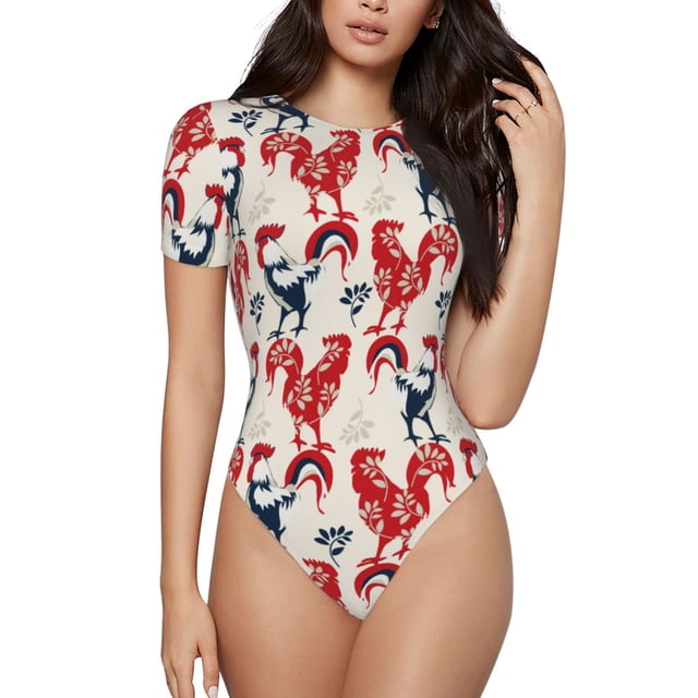 Saiise Motif Coqs Grenouillère à Manches Courtes Col Rond Pyjama Extensible avec Fermeture à Pression-Moyen