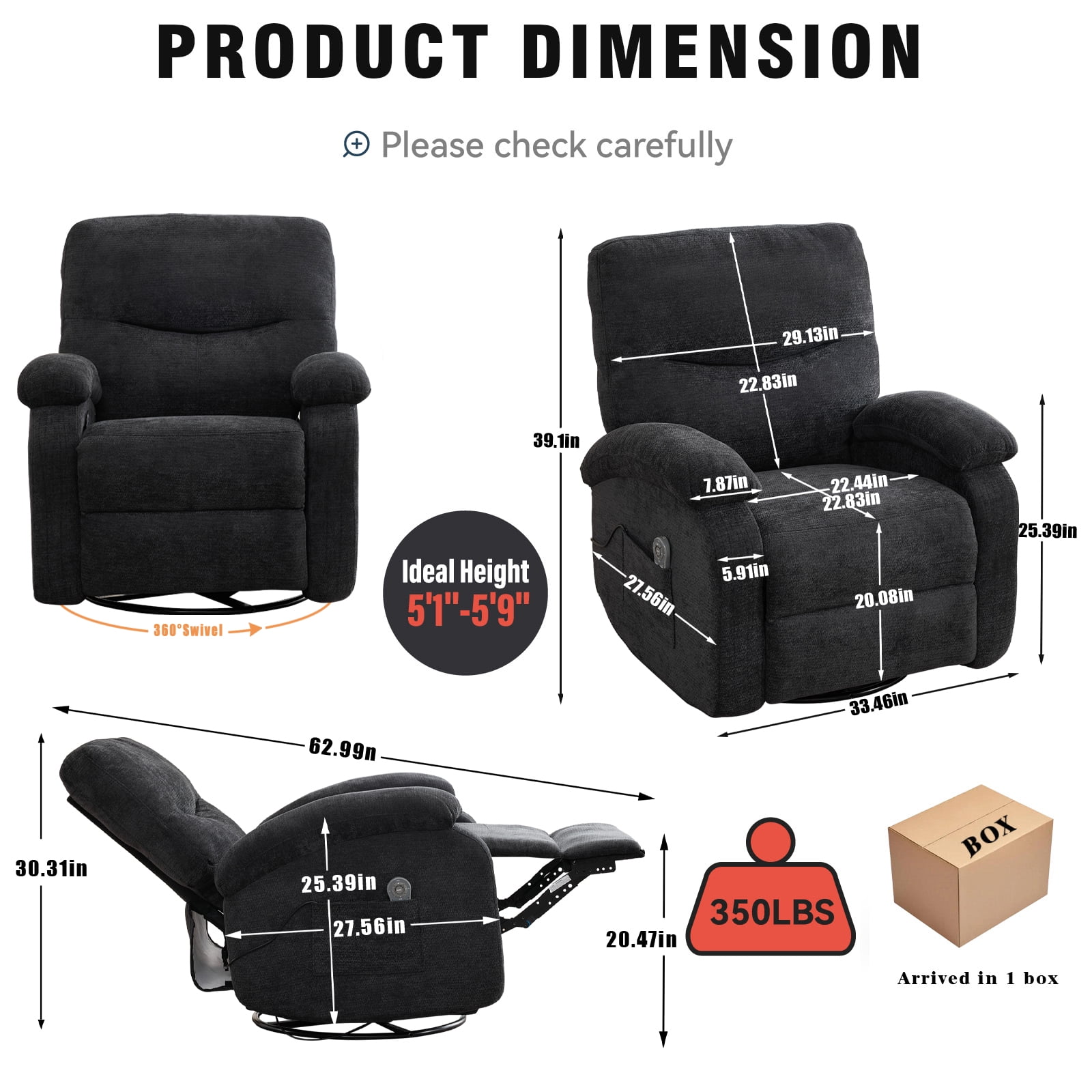 Miniyam 360° Swivel Rocking Recliner Chair with Massage and Heat, Black Chenille with Side Pocket and Footrest