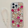 thumbnail image 4 of for iPhone 16 Pro Max Case with Wrist Strap Women Luxury 3D Bling Shiny Rhinestone Diamond Crystal Pearl Handmade Flowers Soft Protective Glitter Case for iPhone 16 Pro Max (Hot Pink), 4 of 9