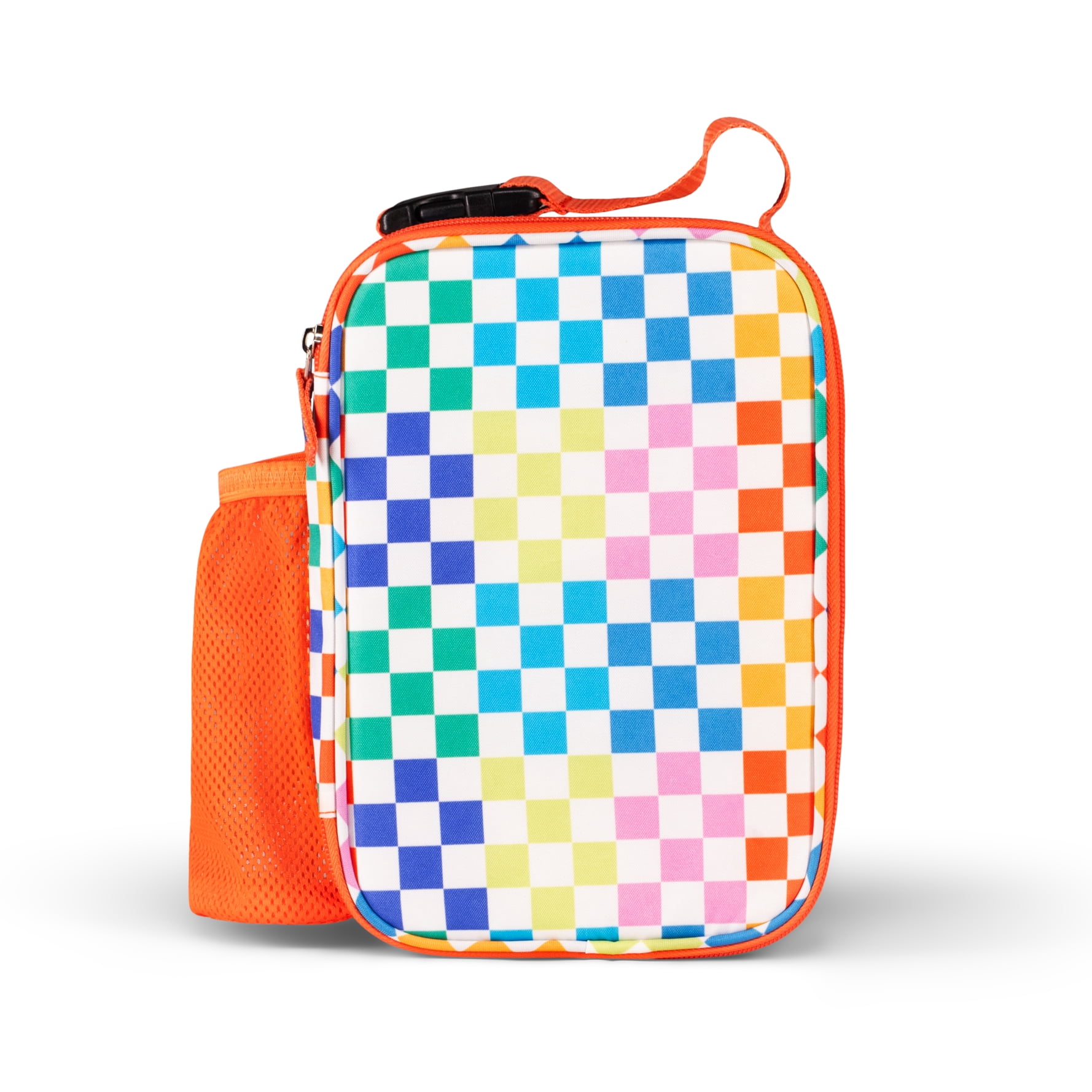 Mainstays Kids Checkered Insulated Polyester Reusable Lunch Bag with Mesh Side Pocket, Multicolor Checkered
