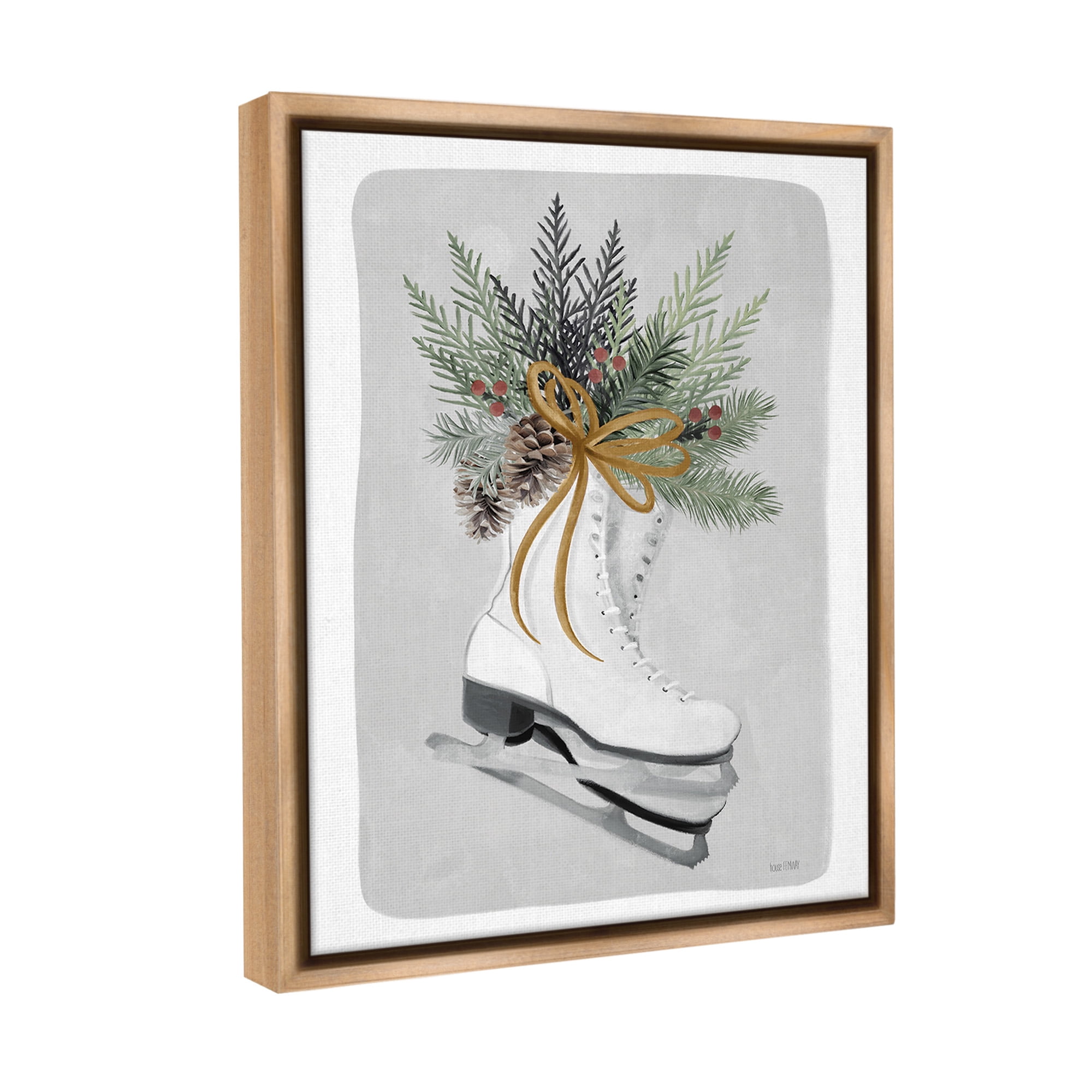 Stupell Industries Winter Skates & Pinecone Botanical & Floral Painting Brown Floater Framed Canvas Art Print Wall Art, 17 x 21