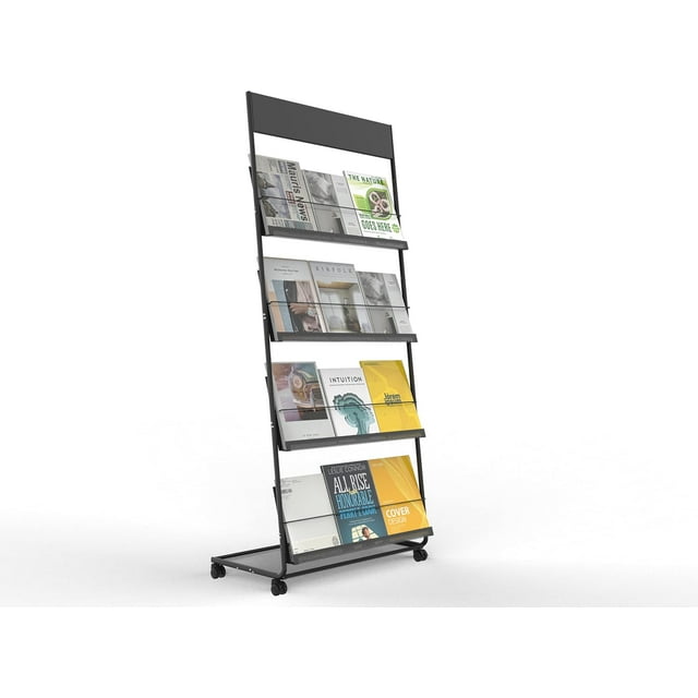 Floor-Standing Magazine Rack 4-Layer with Wheels, Brochure Display Stand for Exhibitions, Office, and Any Organization Requiring Information Display (Black)