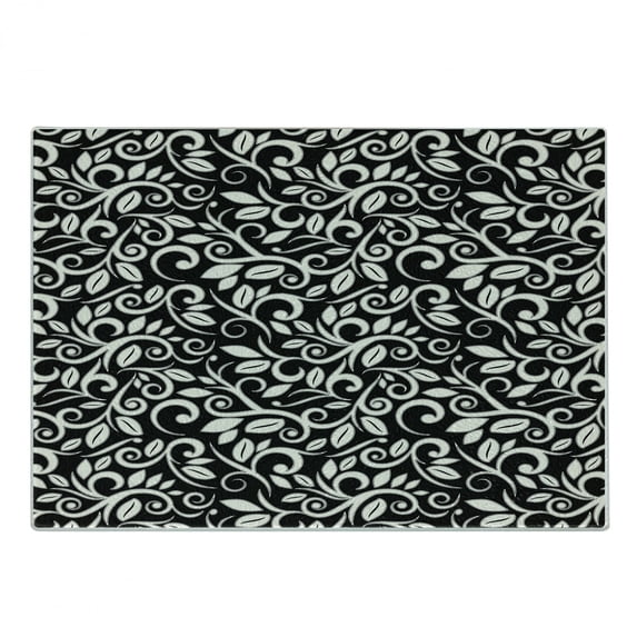 Vines Cutting Board, Monochrome Abstract Flowers Grape Leaves Modern Dots Arrangement, Decorative Tempered Glass Cutting and Serving Board, in 3 Sizes, by Ambesonne