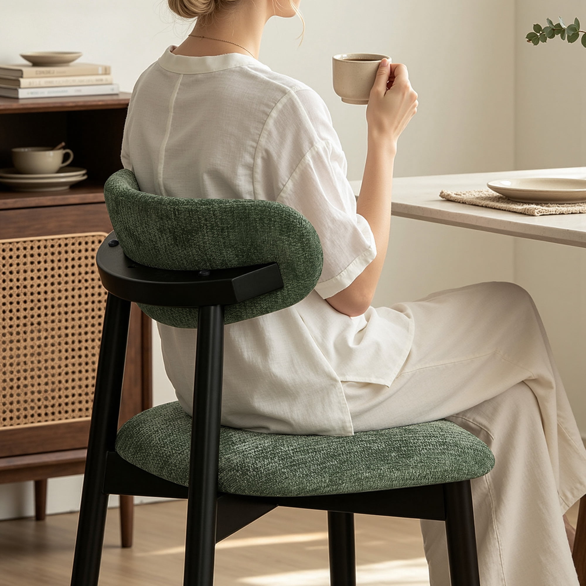 DyFun Upholstered Chenille Dining Chairs Set of 2, Solid Wooden Dining Chairs with Curved Back, Green