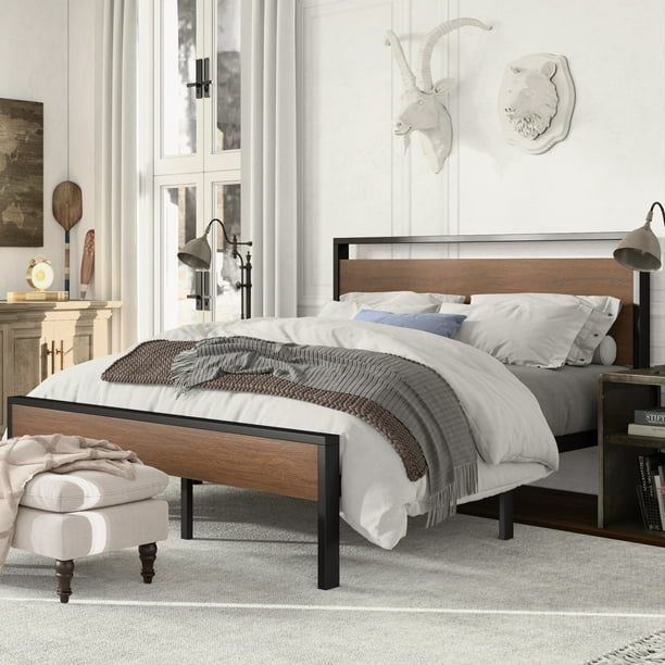 Amolife King Size Heavy Duty Metal Platform Bed Frame Walnut Com Metal Platform Bed Frame Walnut, Heavy Duty Metal Bed Frame King Size