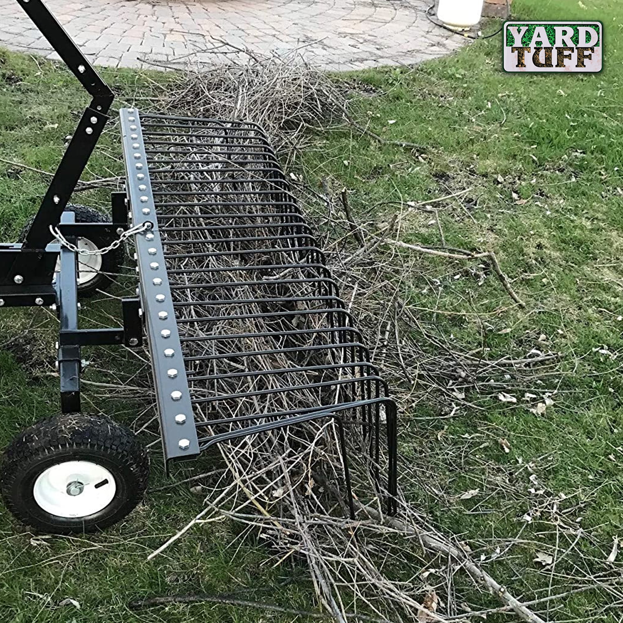 Yard Tuff 72 Inch Heavy Duty Durable Steel Pine Straw Rake With Wheels Lift Handle 28 Spring Steel Tines And Hitch For ATV UTV Or Tractor Black