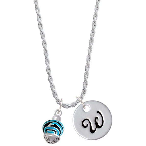 Delight Jewelry Silvertone Wide Hot Blue Zebra Print Band Spinner Silvertone Script Initial Disc - W - Charm Necklace, 20"+3"