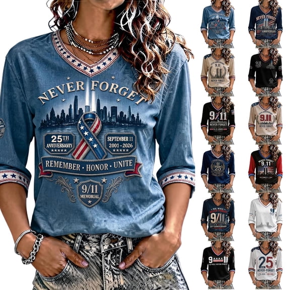 9/11 25th Anniversary Shirt Womens WE Will Never Forget Tee Shirts | Lightweight Fabric, V Neck Short Sleeve Tops, American Flag, 2001-2026 25Th Anniversary Tops, Patriotic Honor Tee Shirt,3XL