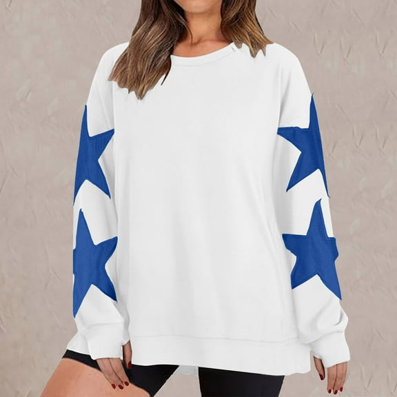 YUGYXL Womens Oversized Graphic Sweatshirts Side Star Graphic Pullovers Crew Neck Cute Long Sleeve Pullover Top Blue XL