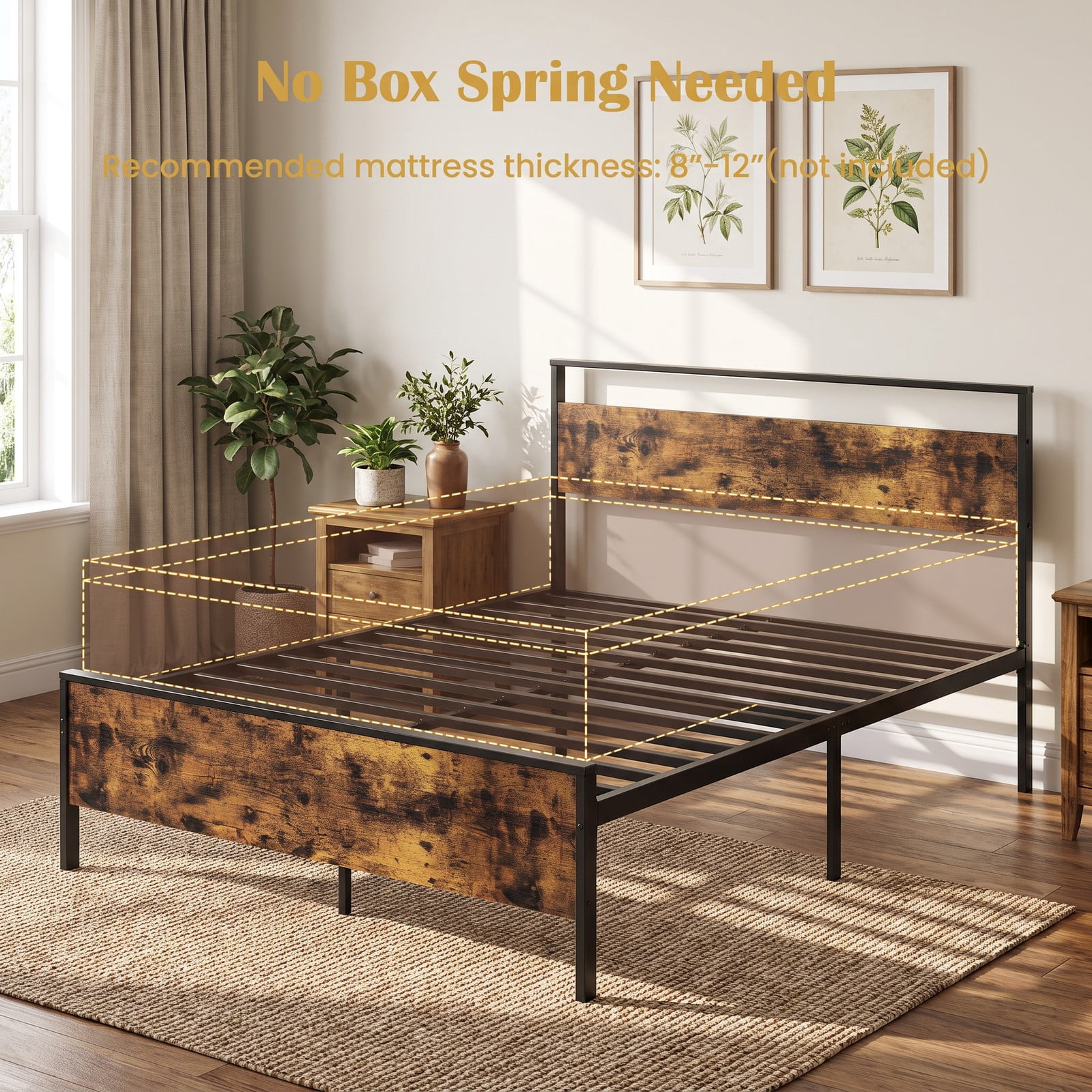 Furnibear Full Size Bed Frame, Metal Platform Bed Frame with Wooden Headboard, Full Bed Frame with Under Bed Storage for Bedroom, Rustic Brown