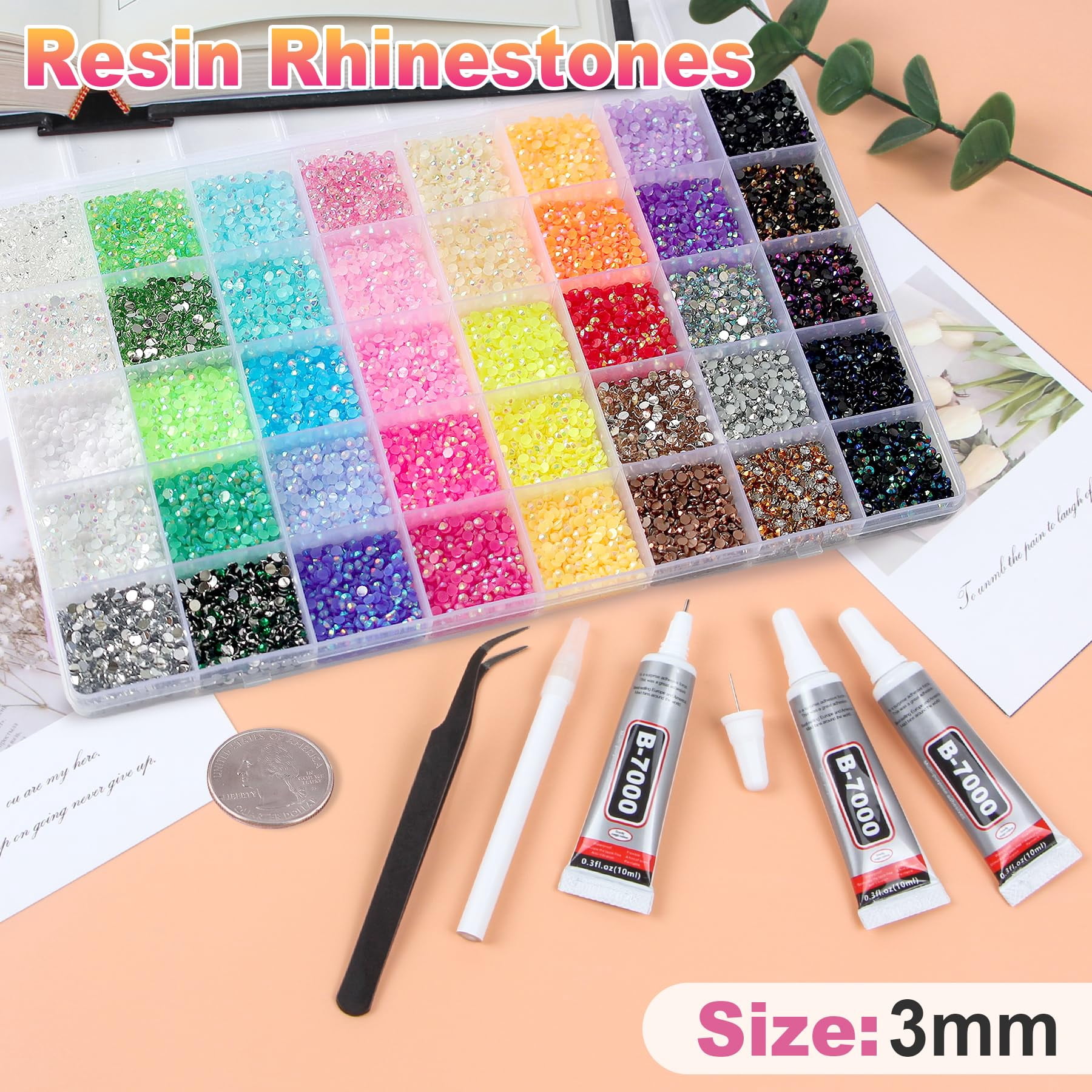 32000Pcs 40 Colors Resin Jelly Rhinestones for Bedazzling, 3mm Multicolor Flatback Gems for Crafting, Bedazzler Kit with 3Pcs 10ml B7000 Glue for Clothes Book Shoes Nails Art Makeup