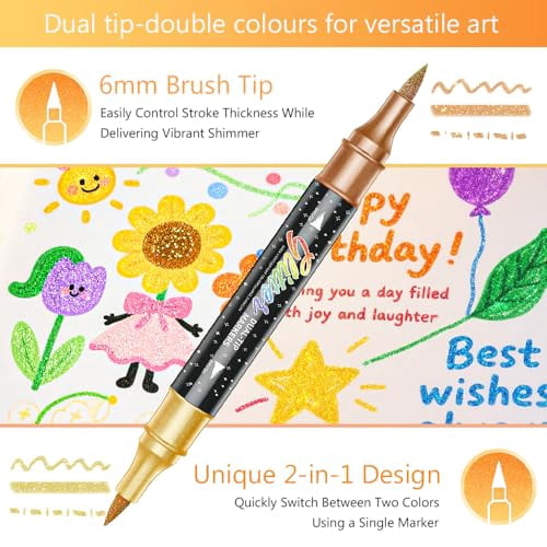 Glitter Effect Brush Markers, Dual-Tip Metallic Shimmer Pen Set, No-Bleed Art Supplies for Adult Coloring Books, Scrapbooking & DIY Crafts