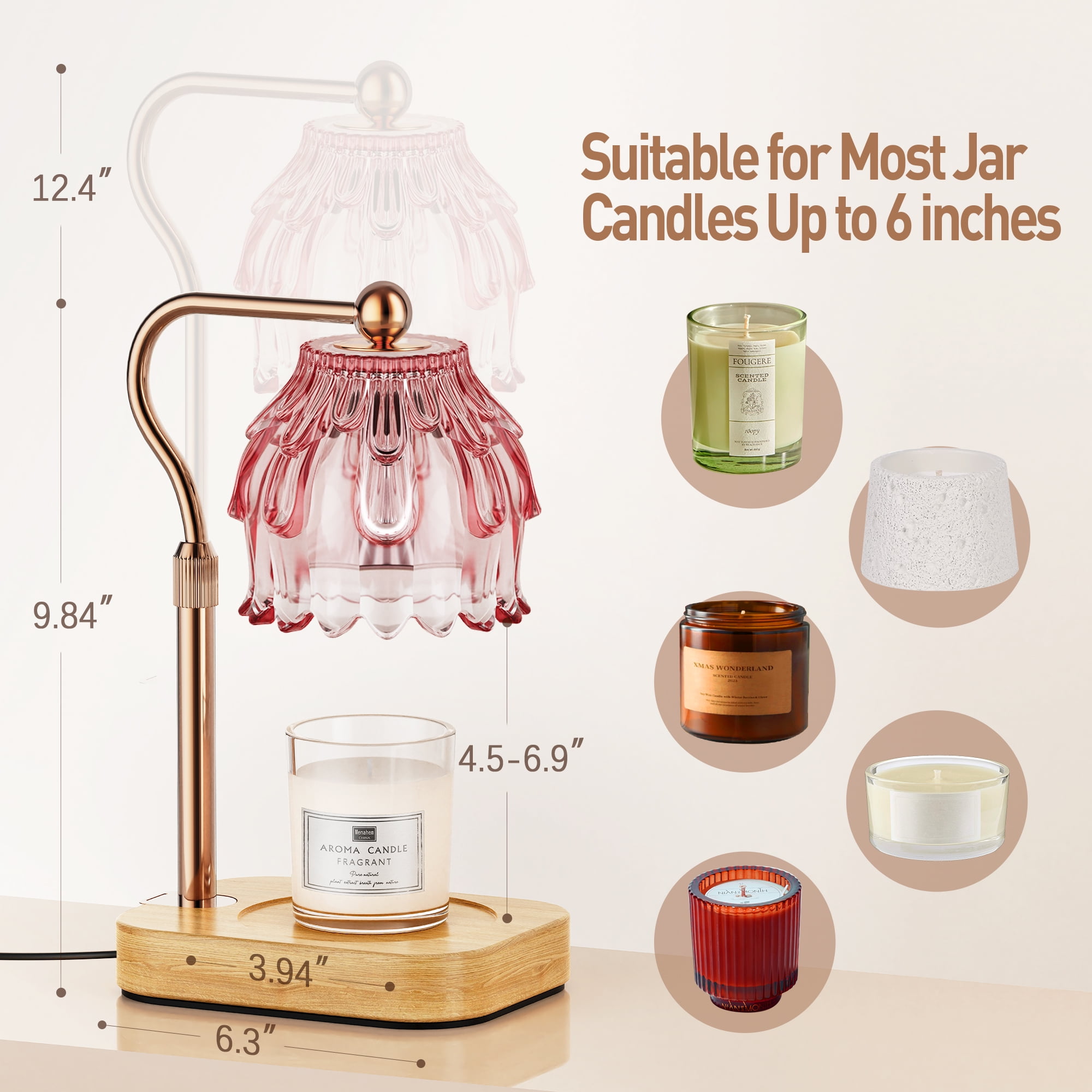 Modern Candle Warmer Lamp with Timer Dimmer, Adjustable Height Glass Lamp for Gifts, Home Decor, Pink