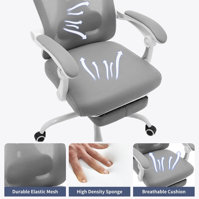 Ergonomic Mesh Gaming Chair – High Back with Adjustable Headrest & Lumbar Support, Retractable Footrest, 350LBS Capacity, Reclining Desk Chair for Home or Gaming Room – White Frame & Light Gray Net