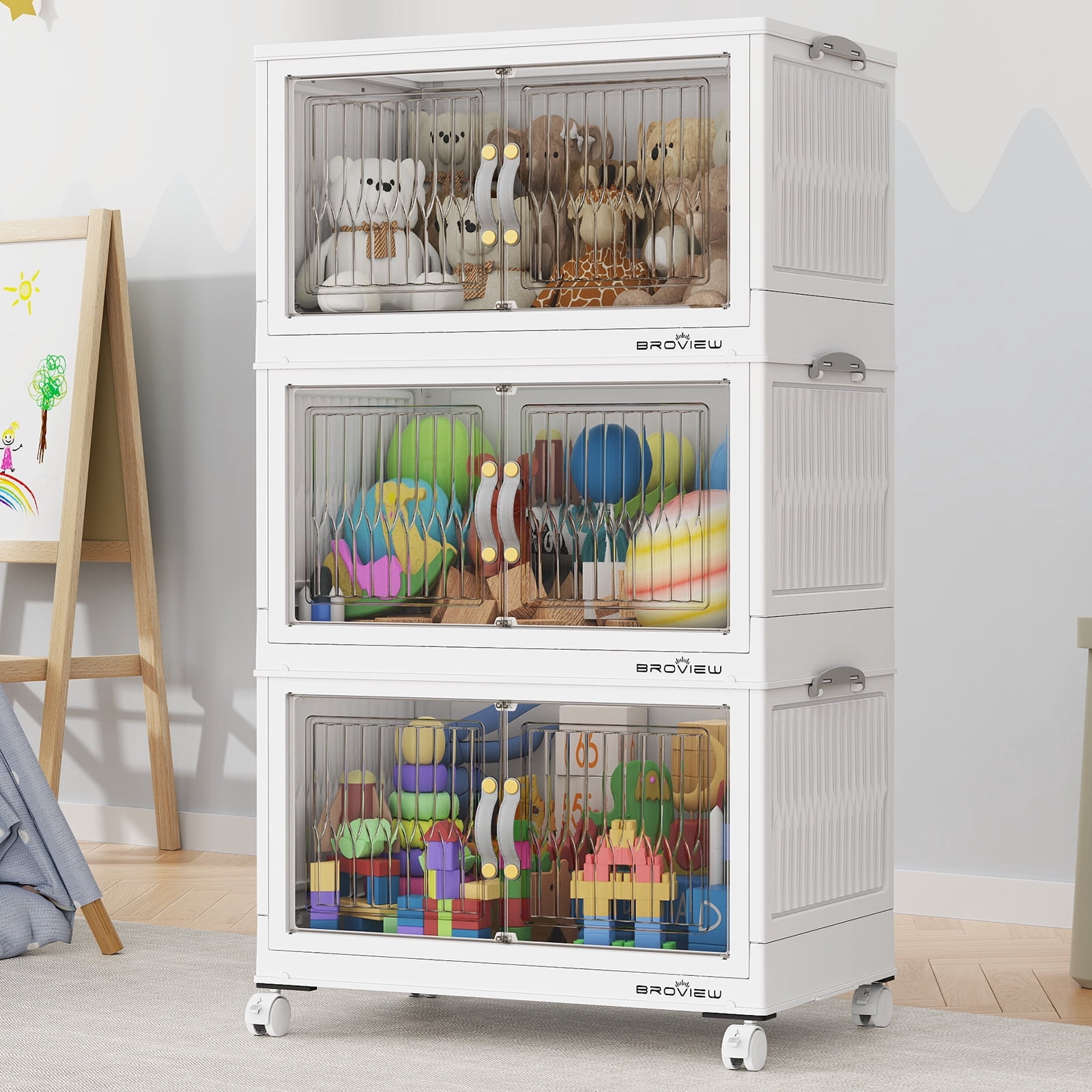 BROVIEW V8S Large Stackable Storage Bins with Lids & Wheels & Door, 120QT/30Gal-40QT/10Gal*3Pack Foldable Collapsible Closet Organizers, Plastic Containers Drawers for Bedroom Dorm Garage White