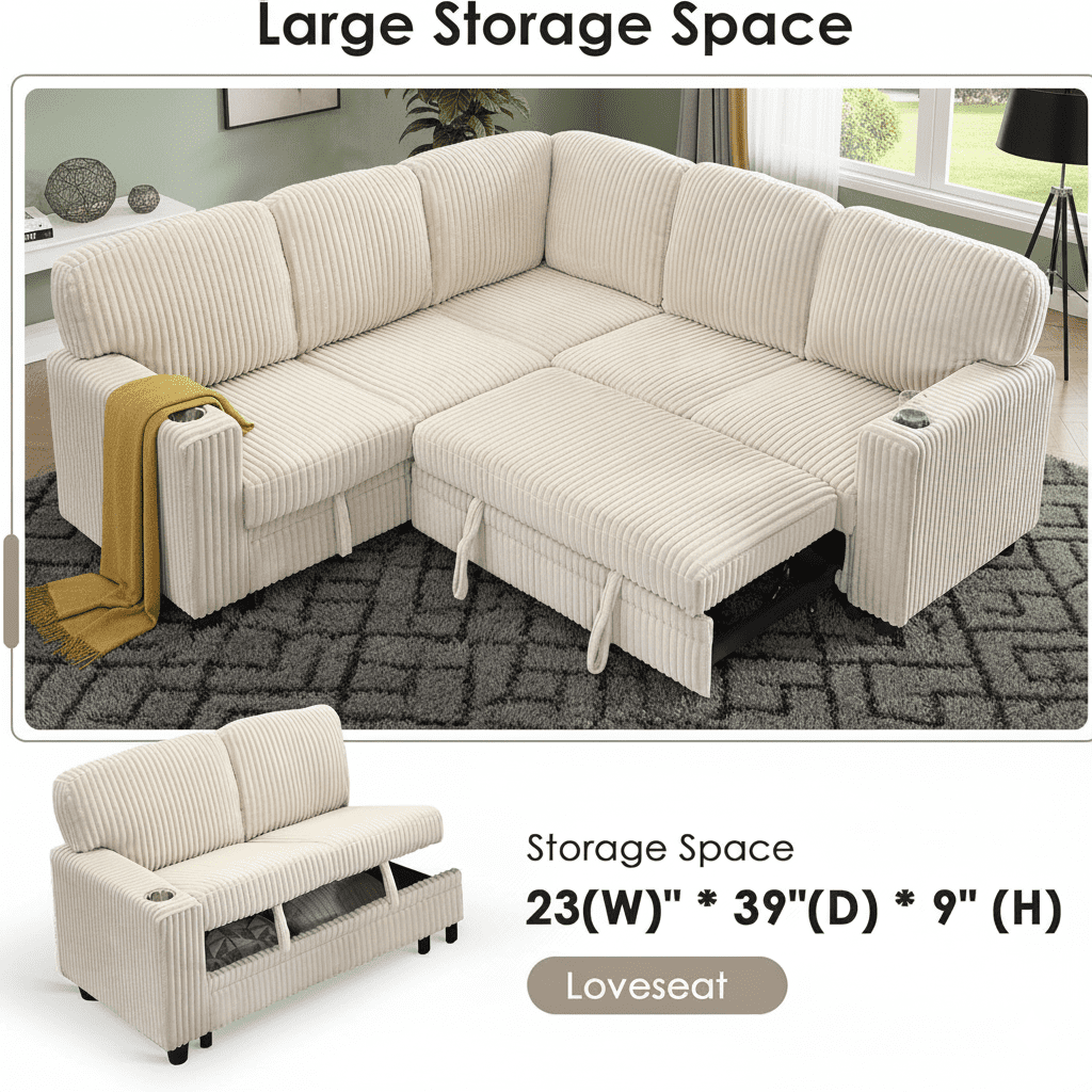 81" Modular Sectional Sofa, Corduroy Pull Out Couch Bed Sleeper Sofa Bed with Storage Seat, Cup Holders & USB/Type-C Ports, V Shaped Sectional Couch for Home Living Room (Beige)