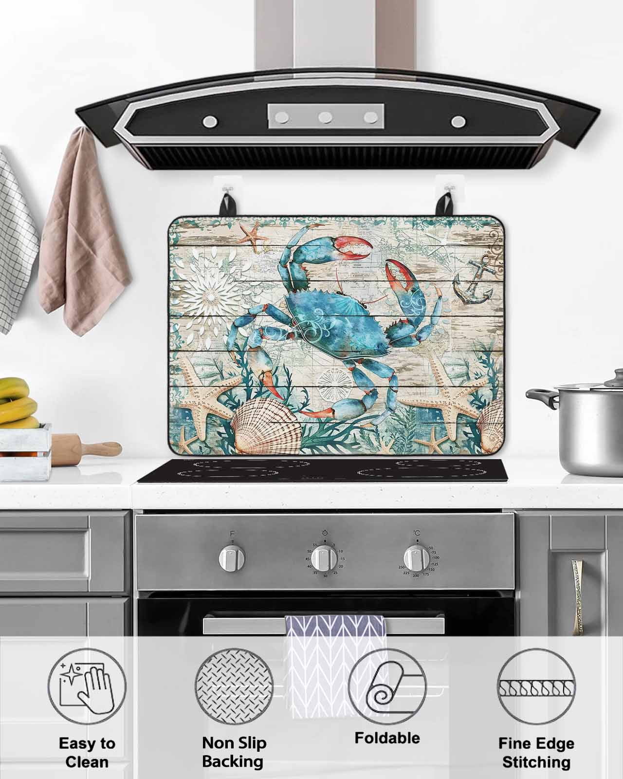 nqOlkjepod Large Induction Cooktop Protector Mat 24"x21", Teal Crab Coastal Stove Top Covers for Electric Stove, Summer Beach Nautical Starfish Retro Stove Burner Cover Mats, Glass Top Stove Cover