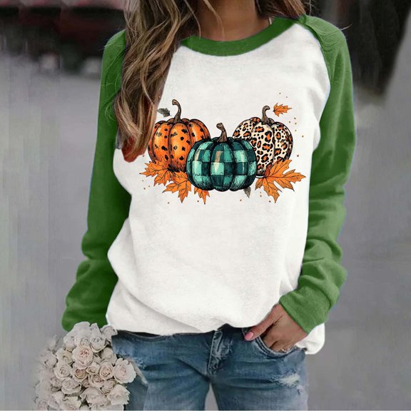 Nmnitkp Womens Crew Neck Sweatshirt Long Sleeve Casual Loose Fit Tops Cute Printed Pullover Sweatshirts Green,S
