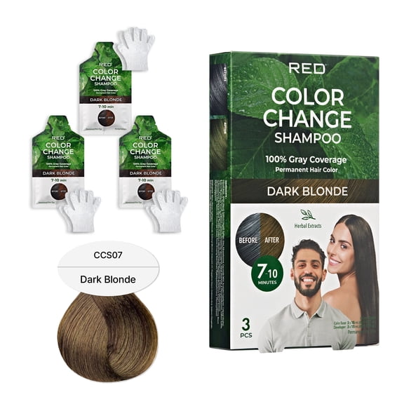 Red by Kiss Color Change Shampoo – Permanent Hair Color with 100% Gray Coverage, Quick 7-10 Minute Formula, No Tools Needed, Herbal Extracts, Includes 3 Shampoo Pouches (Dark Blonde)