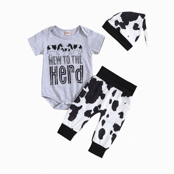 Gerichy Newborn Baby Boy Outfit Coming Home Outfits Letter Cow Prints Short Sleeve Romper Pants Hat Set 3Pcs Infant Boy Clothes 0 3 6 9 12 Month