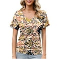 thumbnail image 2 of Black*Friday Deals 50% Off Clear!GaThRRgYP Women's Summer Short Sleeve Tops for Daily Wear,Fashion Women's Casual Short Sleeve Printing V-Neck Blouse Floral Ruched T-Shirt Casual Feminine Khaki XL, 2 of 6